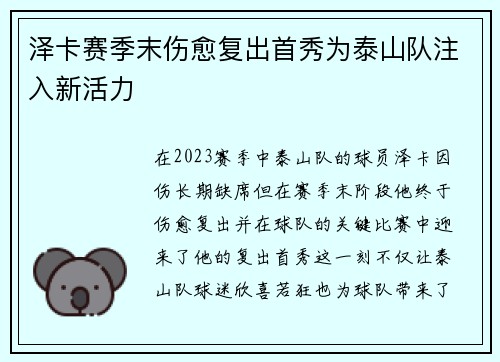 泽卡赛季末伤愈复出首秀为泰山队注入新活力