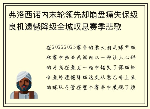 弗洛西诺内末轮领先却崩盘痛失保级良机遗憾降级全城叹息赛季悲歌